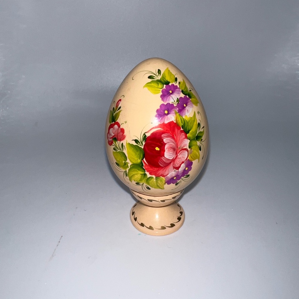 Hand-Painted Floral Decorative Egg - Cream with Red & Purple Flowers